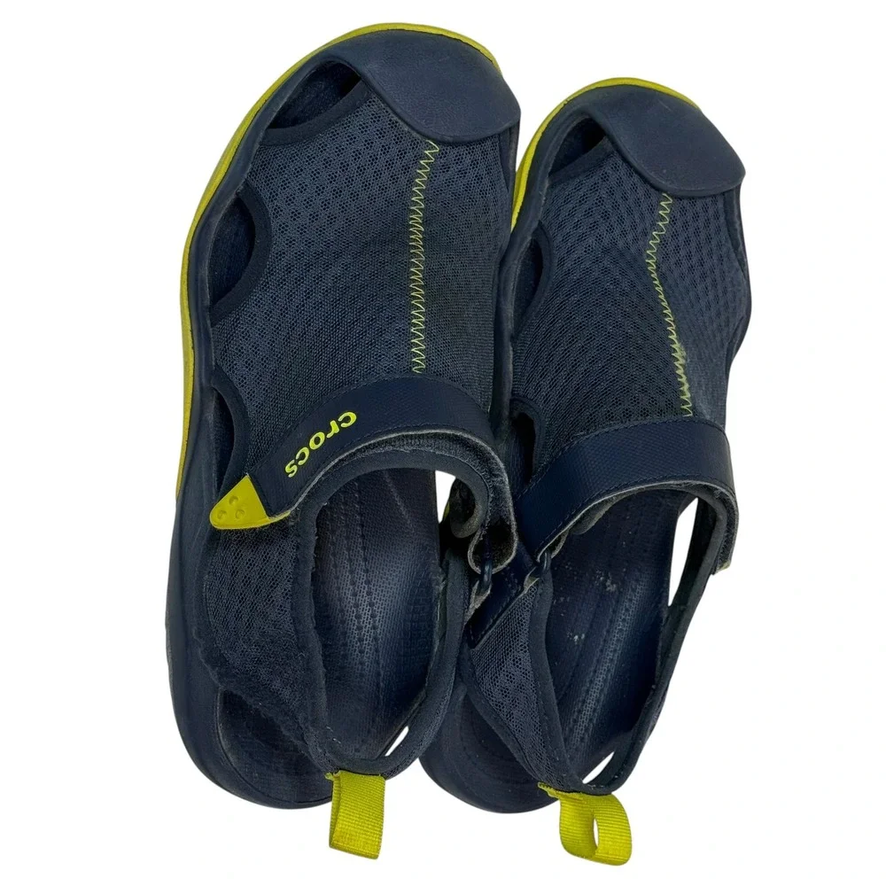Crocs Swiftwater Mesh Deck Sandals Men 8 Navy Blue Lime Green 205289 Water Shoes